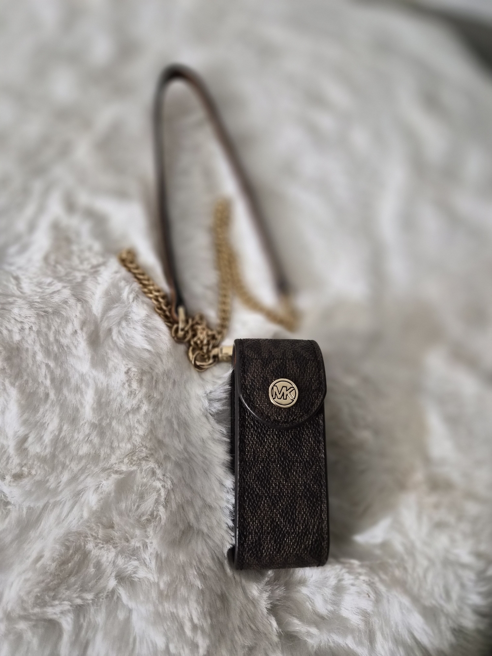 Michael Kors Brown Monogram Shoulder Pepper Spray Case with Gold Chain